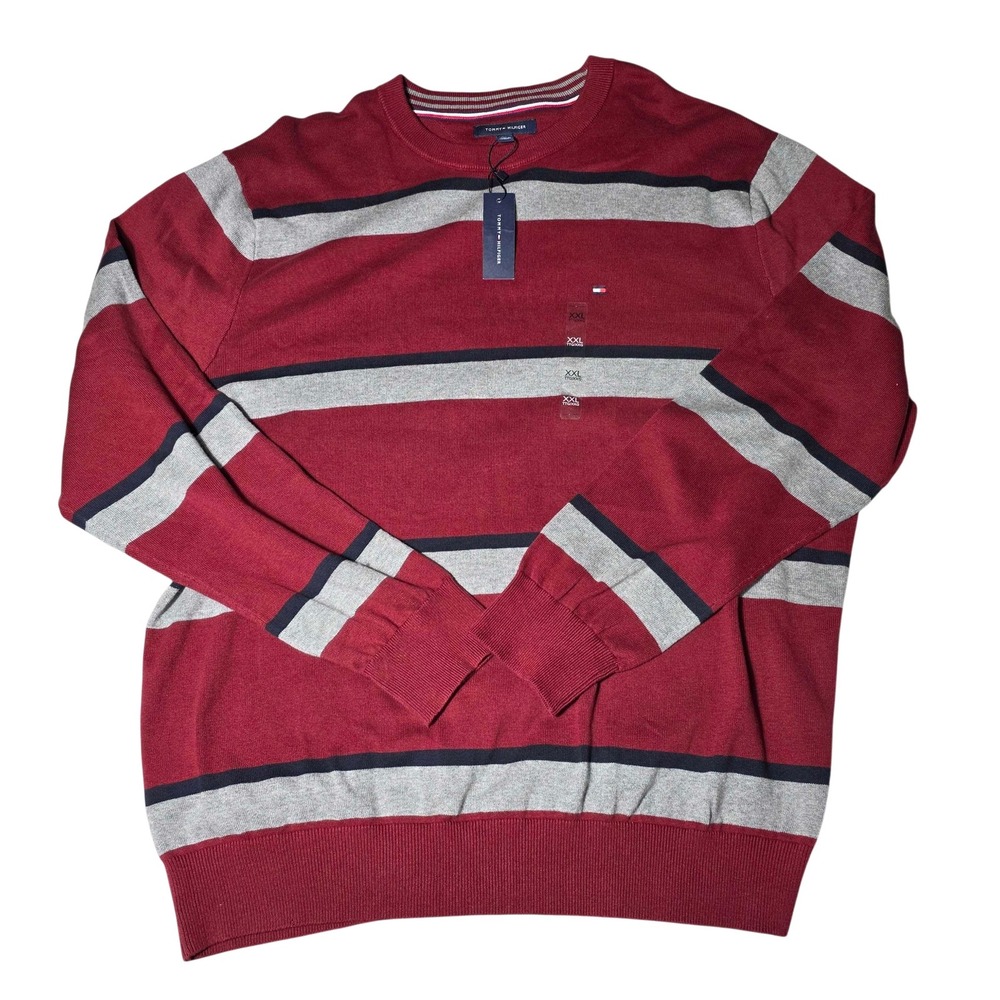 Tommy Hilfiger Striped Crew Neck Pullover Sweater Men's XXL Maroon Navy Gray NWT